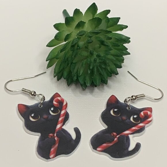 Black Cat Earring, Candy Cane Earring, Christmas Earring, Holiday Earring, Cat - Picture 1 of 4